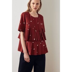Kowtow Rei Brown Ruffle Tier Top Organic Cotton Size Large